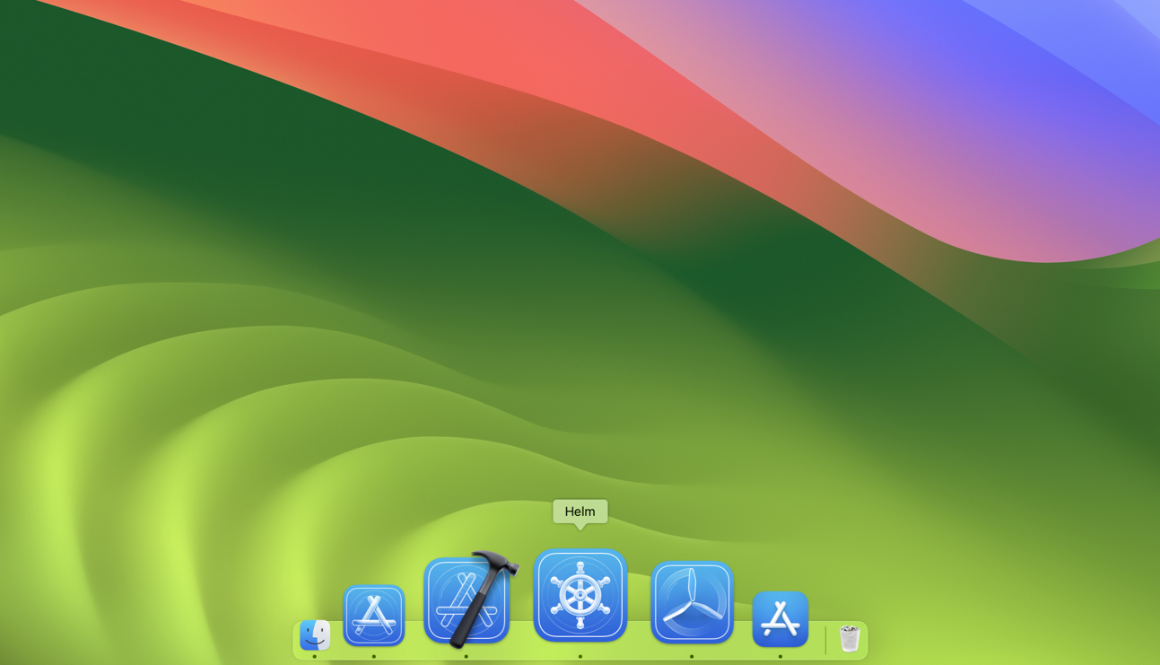 a macOS dock with the Developer app, Xcode, TestFlight, App Store and Helm
